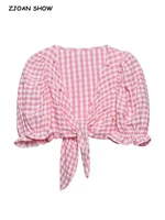 2022 vintage france style pearl beading pink plaid print v neck tie bow hem cropped shirt women blouse short sleeve tops