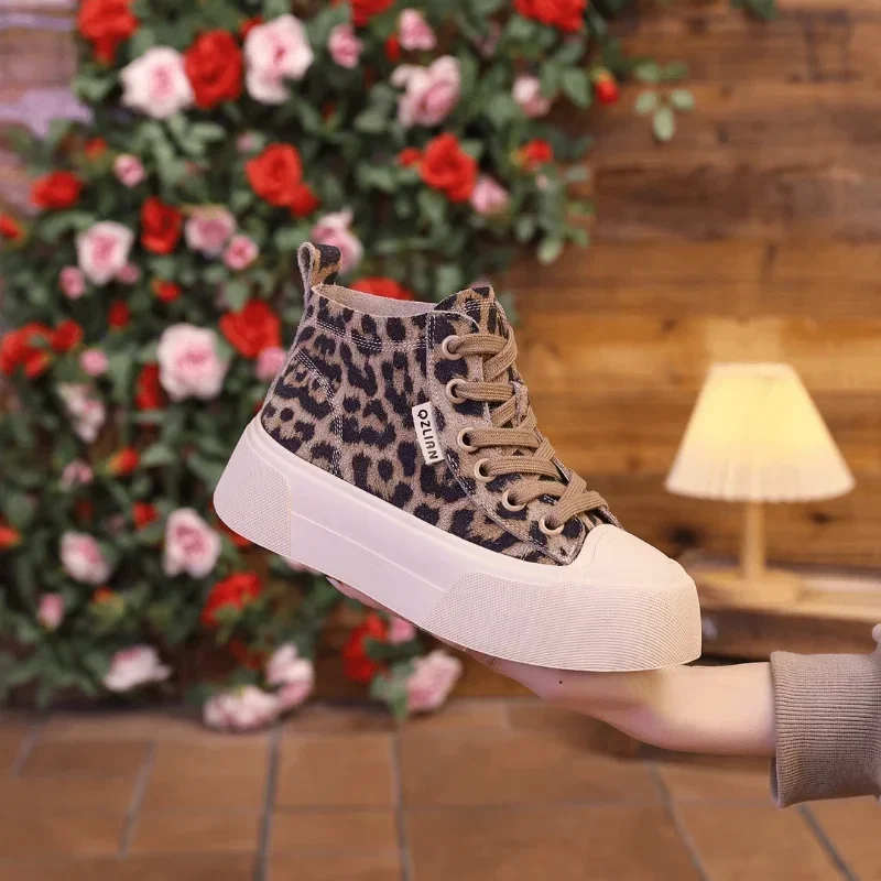 Platform Vulcanized Shoes for Women Sneakers Leopard Print High-top Womens Walking Casual Lace-up Breathable Women's