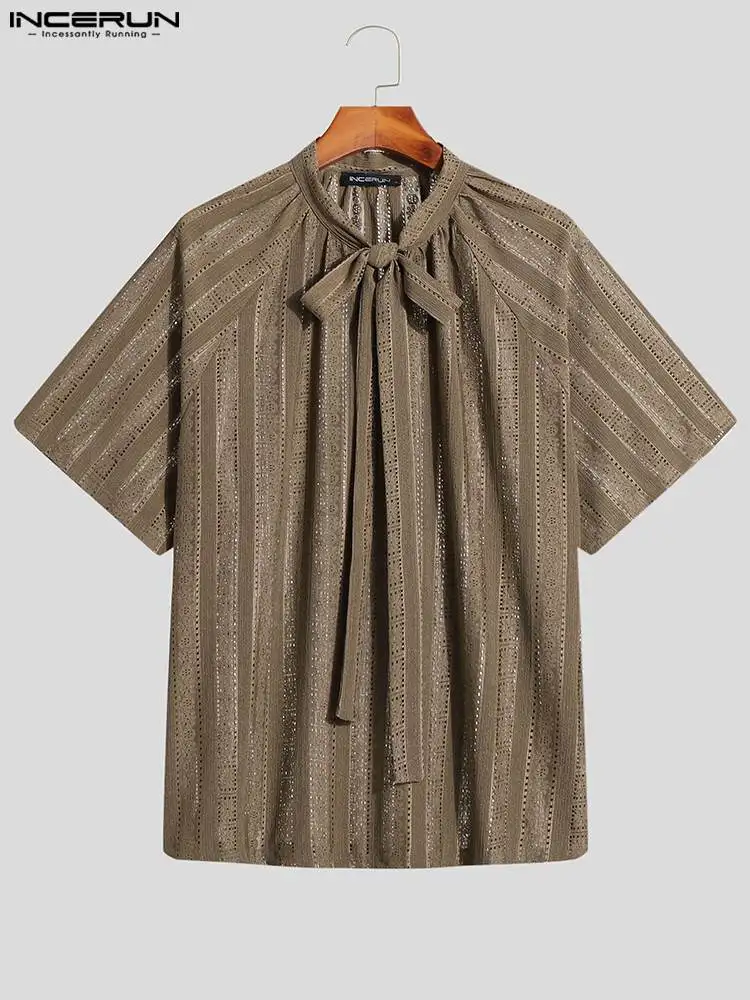 INCERUN Tops 2022 American Style Men's Small Mesh Shiny Blouse Fashion Casual Male Short-sleeved Loose Comfortable Shirts S-5XL