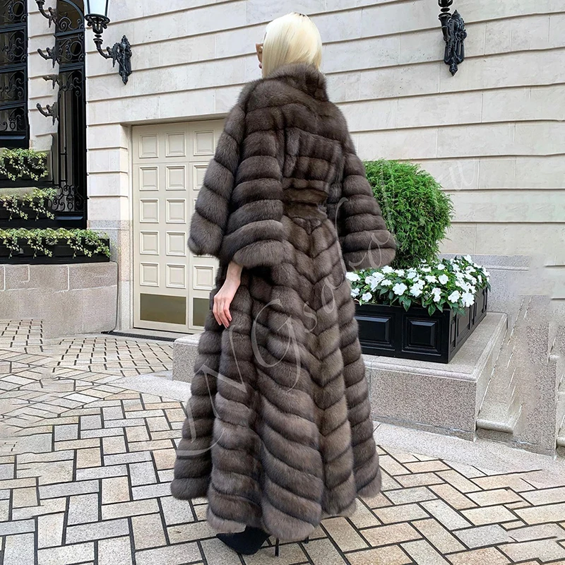 Genuine Grey Fox Fur Overcoat Women Winter Luxury Straight Fashion Loose Lapel Bat Sleeve Natural Real Fur Coat Female
