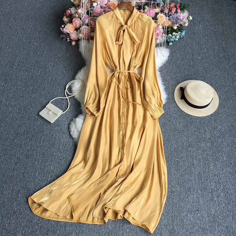 

Solid Glitter Cardigan Long Sleeve Dress For Women Autumn 2022 Korean Fashion Stand Collar Breasted Lady Sashes Shirt Dress T185
