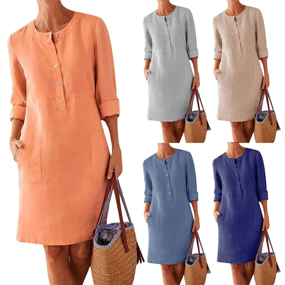 

Solid Color spring Cotton Linen Dress 2022 Spring Button O-Neck Knee Party Dress Women Long Sleeve Pocket Dresses Plus Size 5XL