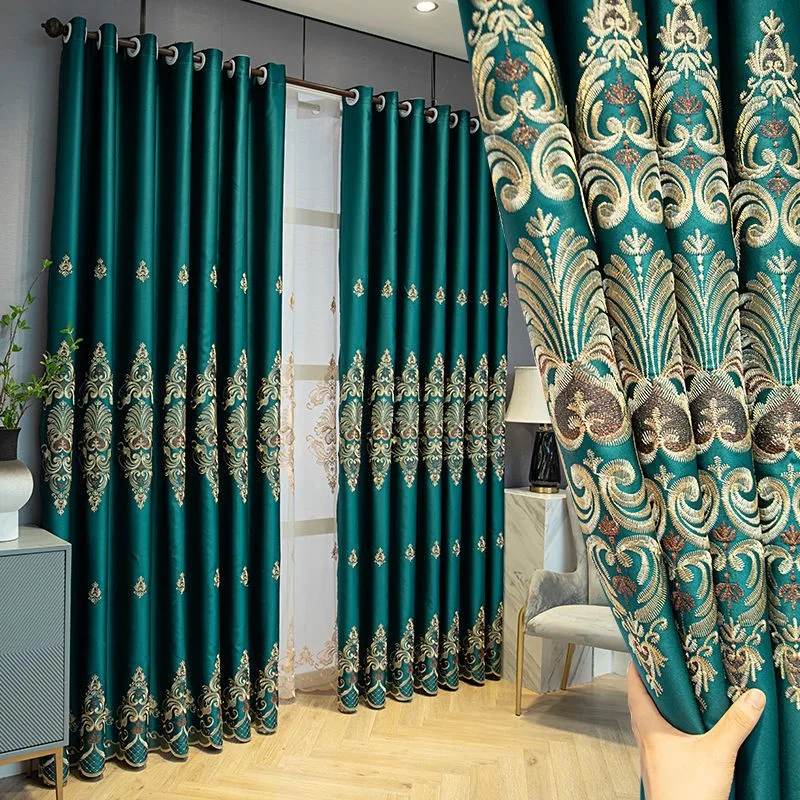 

European Light Luxury Satin Blackout Curtains For Living Dining Room Embroidery Flowers Elegant Window Drapes For Bedroom Custom