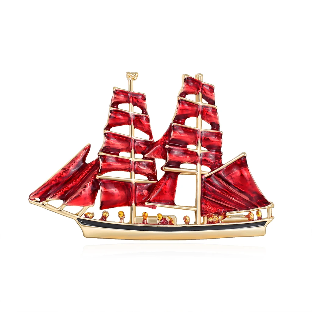 

TULX Fashion Scarlet Sails Big Red Sailboat Brooches For Women Alloy Enamel Beauty Steam Boat Party Casual Office Brooch Pins