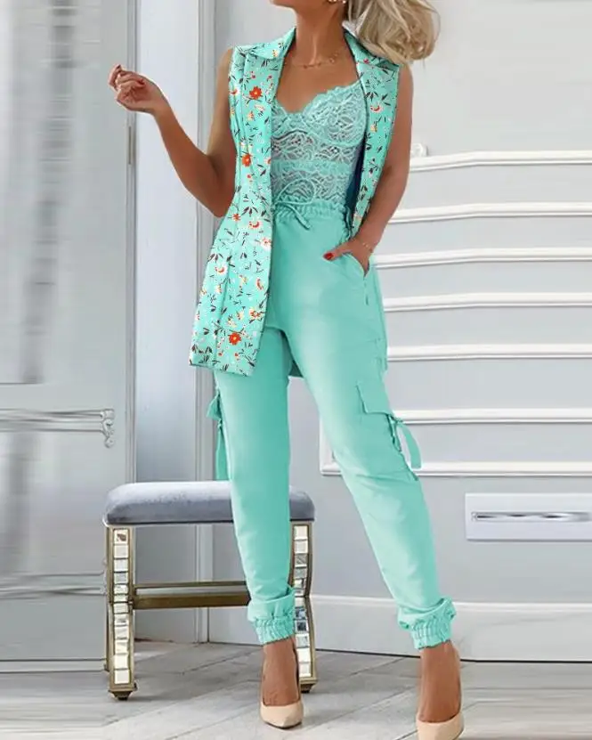 Spring New Women's Two-Piece Fashion Solid Button Blazer Jacket and Pocket Design Pants Suit Casual Office Summer Women's Suit