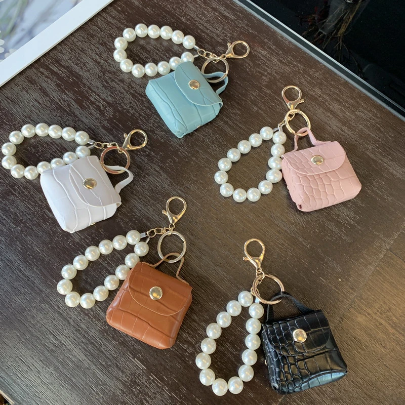 

Key Ring Imitate Pearl Chain Mini Coin Purse Bag Pendant Small Earphone Box Imitate Soft Pu Leather Cute Romantic Key Chains