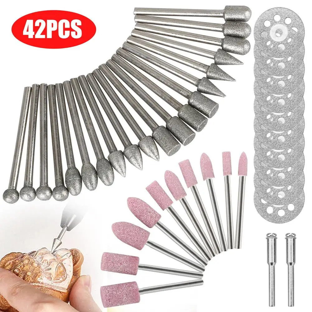 

42Pcs Diamond Grinding Cutting Carving Bit Set With Diamond Cutting Wheel Abrasive Mounted Stone Mandrel For Rotary Tool