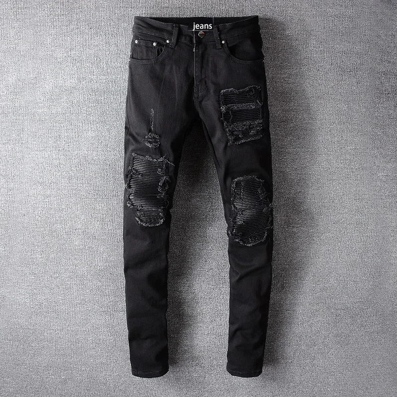 

Men's Black Ripped Distressed Slim Streetwear Fashion Bikers Skinny Stretch Destroyed Tie Dye Bandana Leather Ribs Patches Jeans