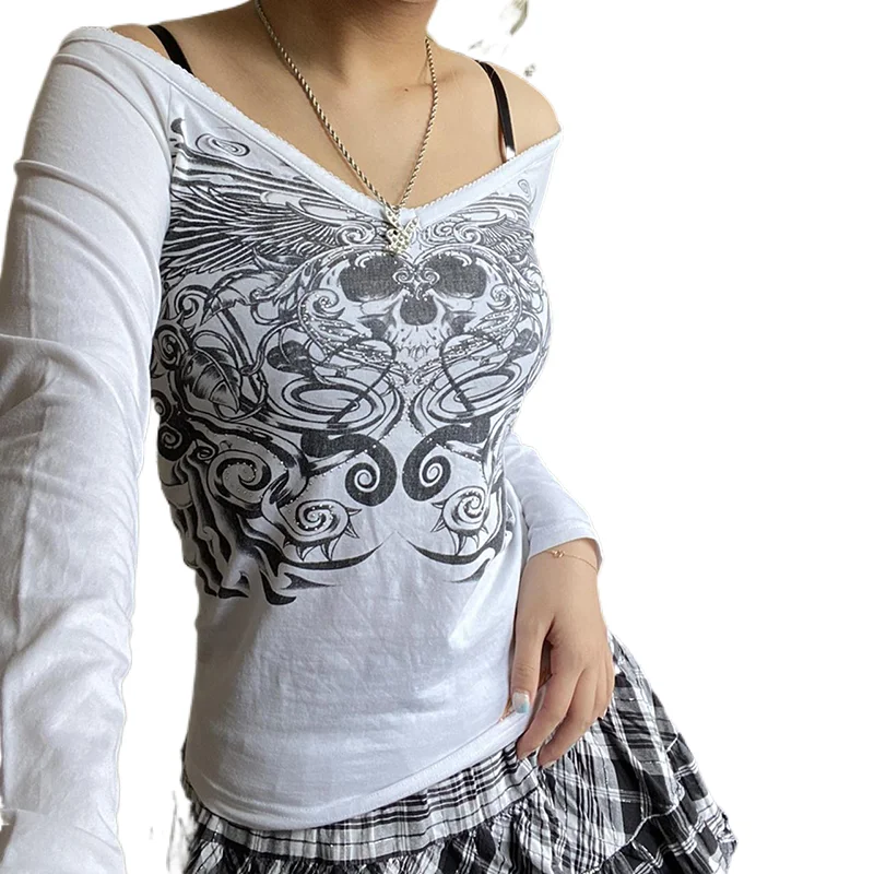

Ретро футболка в стиле преппи с V-образным вырезом Стразы с рисунком черепа в торговом центре готические кроп-топы Y2K эстетичные гранж толстовки футболки винтажная одежда