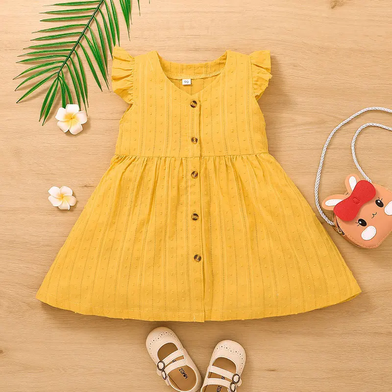 

Toddler Summer Dress for Girls 1 to 5 Years Wear Fashion Cotton Yellow V-neck Flying Sleeved Casual Dresses Kids Bebes Outfits