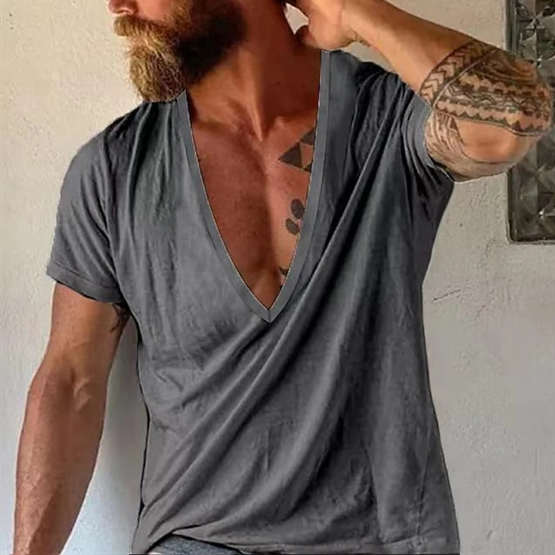 

Футболка мужская с V-образным вырезом, повседневный простой пуловер, однотонная Свободная рубашка с коротким рукавом, модная офисная одежда...