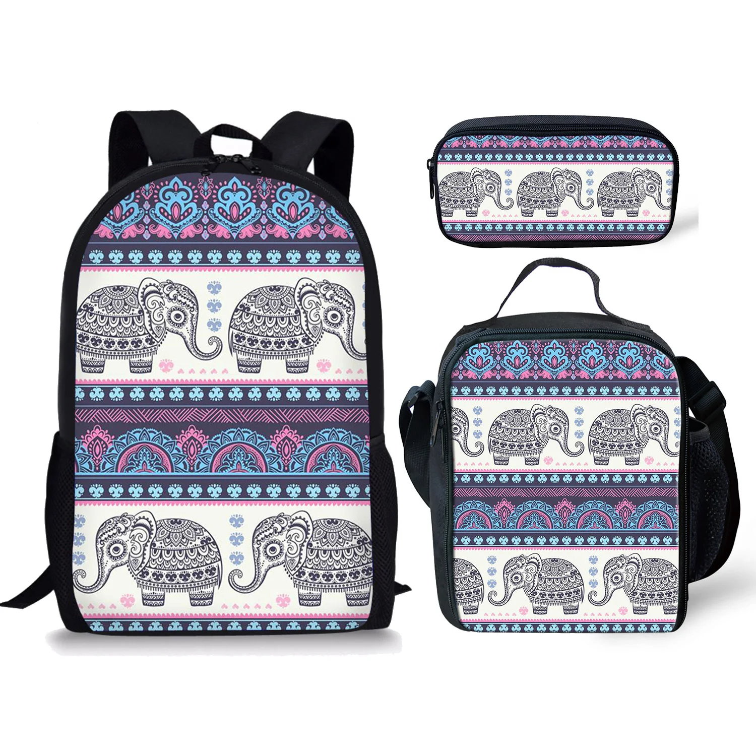 Ethnic Elephant Pattern School Bags Girls 3pcs Pencil Cases Lunch Food Children's Backpack Retro Student Rucksack Free Shipping