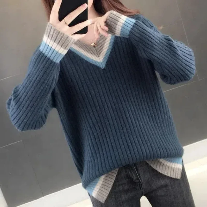 Офисная женская одежда осенне-зимний свитер с v-образным вырезом вязаный пуловер