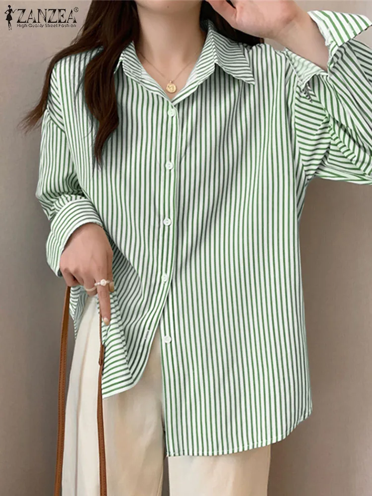 

ZANZEA Stylish Autumn Work Blouse Elegant Casual Tops Female Buttons Down Blusas 2023 Women Lapel Neck Long Sleeve Striped Shirt