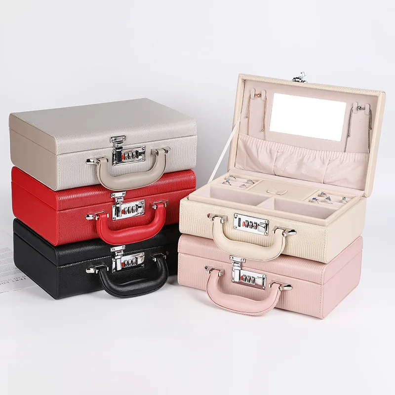 

PU leather jewelry box contracted double portable design jewelry box with a lock ring earrings jewelry boxes