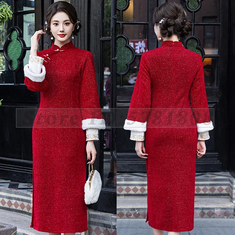 Плюс размер сексуальный тонкий Cheongsam осень-зима женский длинный Ципао помолвка