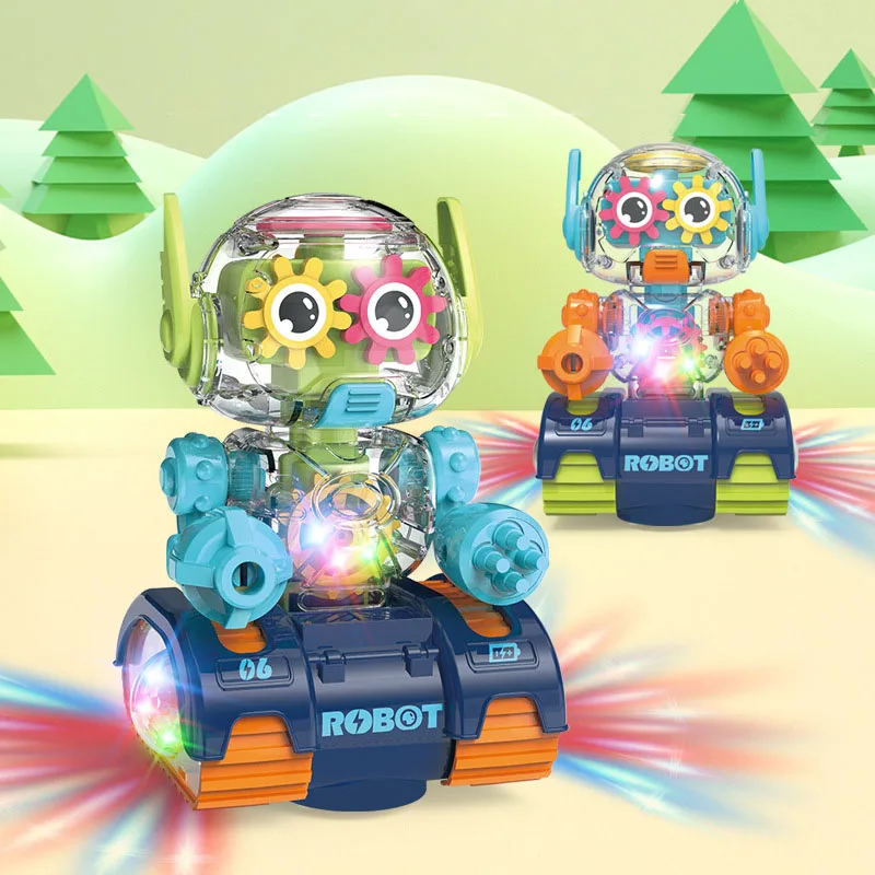 Children Electric Transparent Gear Robot Educational Interactive Walking Rotating Robot With Light Music Toy For Kids Xmas Gifts