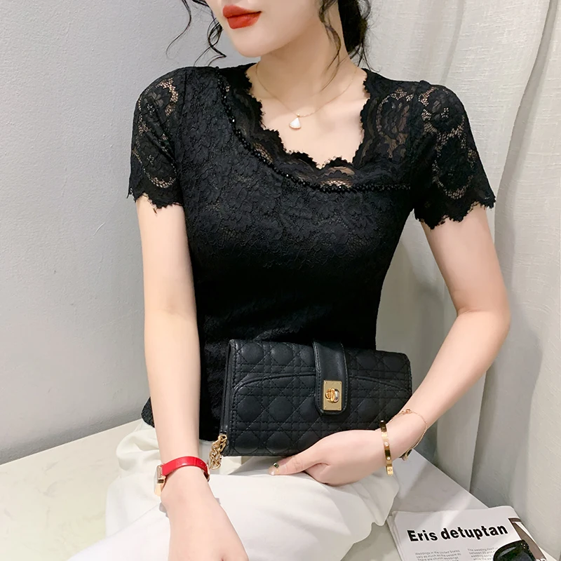 

Женская ажурная футболка, кружевная футболка с косым воротником и коротким рукавом, модель 2023 в Корейском стиле на лето, 32342
