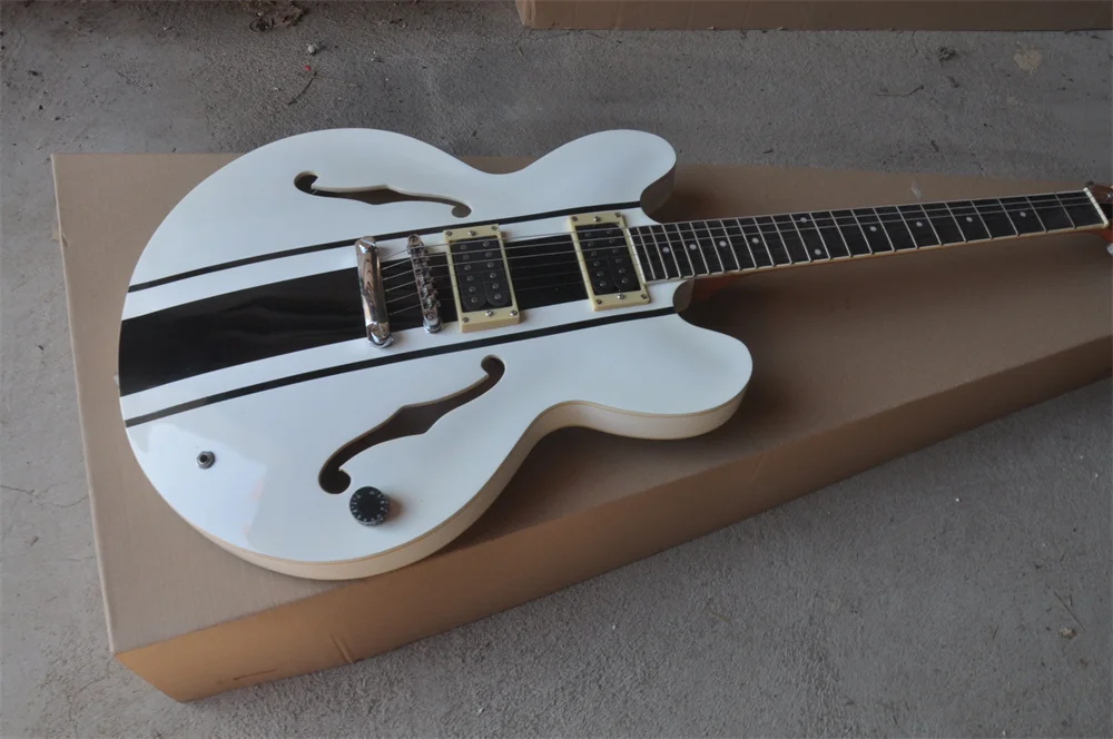 

Custom 335 белый корпус черная полоса Jazz электрическая гитара полу-полый корпус оборудование хромирование реальные фотографии фотографий в наличии 202238