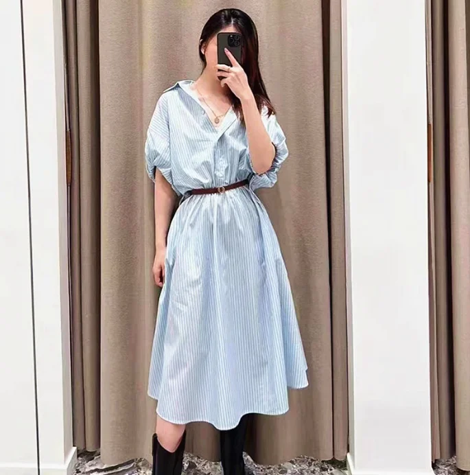 

Женское платье с рукавами-фонариками, синее платье-трапеция в Вертикальную Полоску с поясом на резинке, Новинка лета 2023