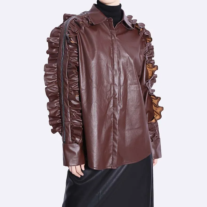 LXUNYI Faux Leather Blouse Woman Personality Ruffles Patchwork Zipper Coat Single Breasted Casual Loose PU Leather Jacket