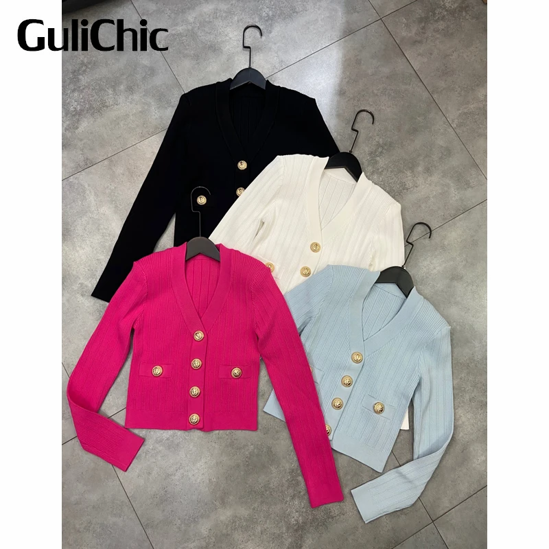 

Женский эластичный Короткий трикотажный кардиган GuliChic с золотыми пуговицами, V-образным вырезом, наплечниками и длинным рукавом, 5,12