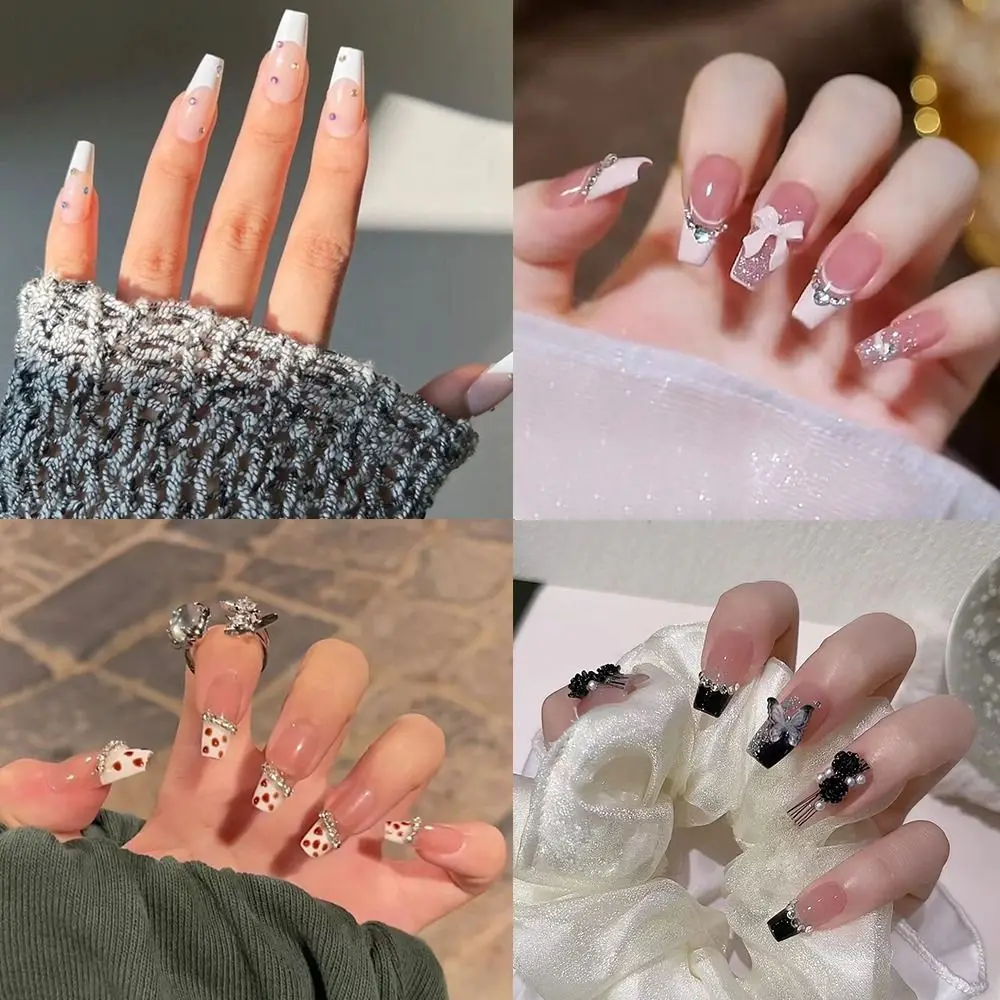 

24pcs Nail Tips Fake Nials DIY Manicure Pink LongBallerina Shining Crystal False Nails French