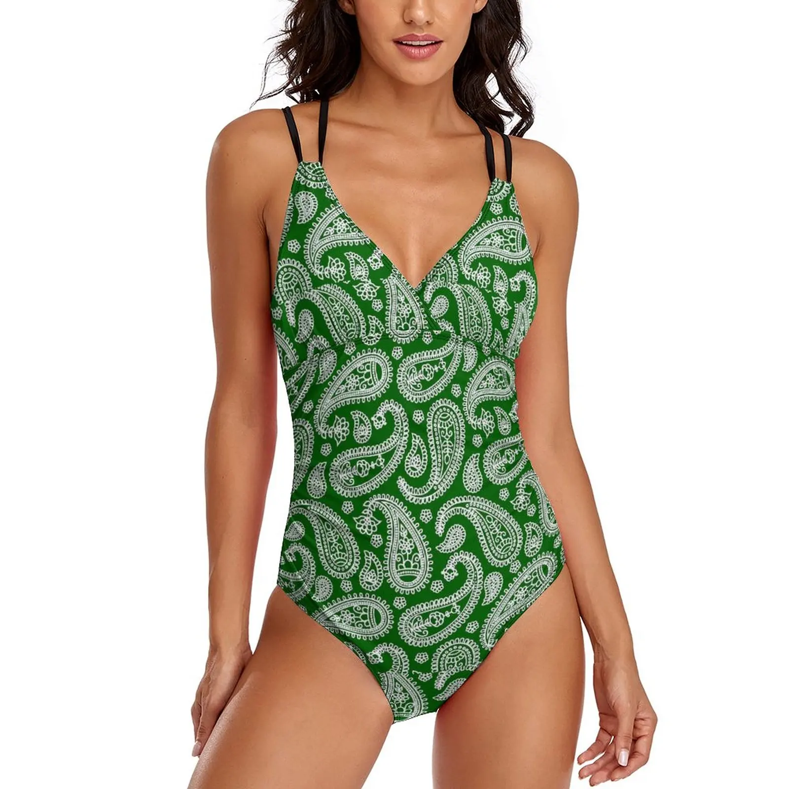 

Green Paisley Design Swimsuit Vintage Print One Piece Swimwear Push Up Fitness Bathing Suit Sexy Cross Back Swimsuits Beach Wear