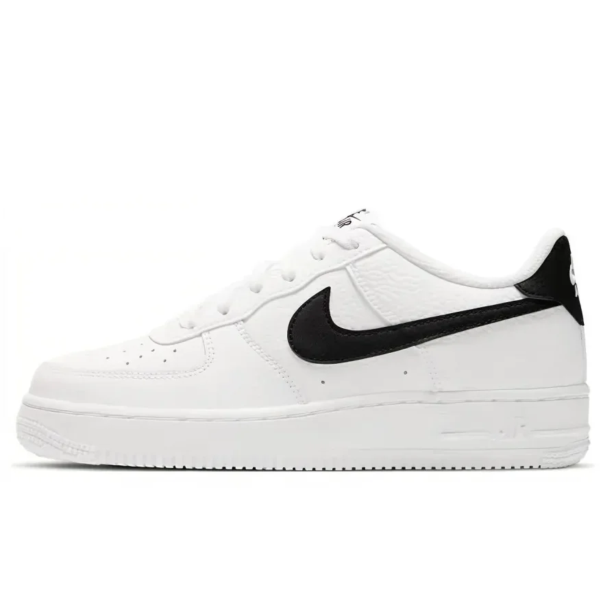 Nike Air Force 1 Leather Comfortable Anti-slip Shock Absorption Low Top Kids Board Shoes Black White Teenagers