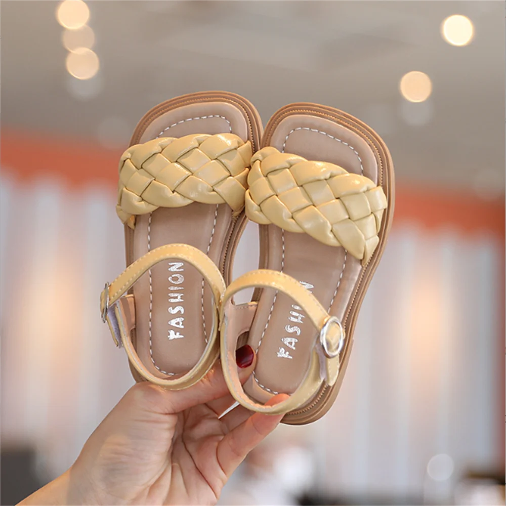 

2023 Toddler Shoes Girl Summer Square Toe Cute Children Sandals Beige Yellow 21-36 Pu Leather Fashion Kids Sliders