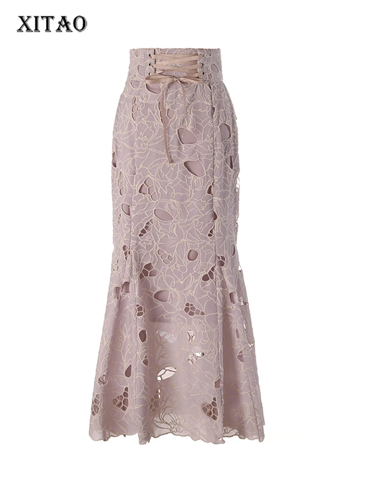 

XITAO/Женские однотонные юбки с вырезами в Корейском стиле; Новое поступление 2023 года; Летние модные свободные универсальные юбки до середины икры; DMJ1222