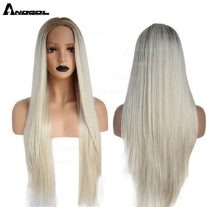 Anogol Middle Parting Synthetic Lace Front Wig For Women 2 Tones Natural Long Straight Platinum Blonde Ombre Dark Roots Hair Wig
