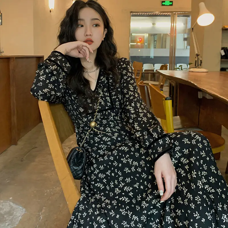 

Long Sleeve Spring V Neck Black Floral Vintage Midi Dress for Women Elegant OL Long Maxi Evening Dress Ladies Y2k Clothing 2022