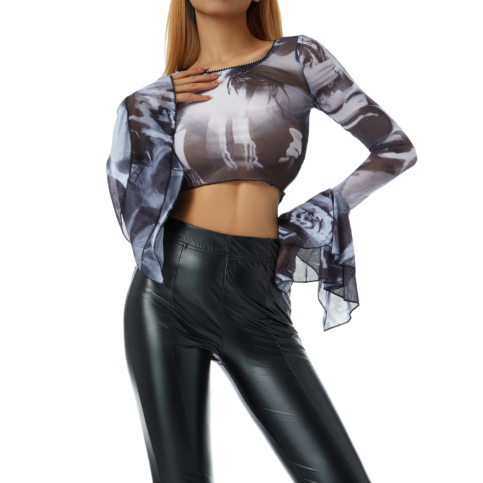 

Women Short Top Shirt, Long Flared Sleeve Printed Ruffle Crew Neck Sheer Crop Tops, Ladies Spring/fall/Winter Slim Navel Shirt