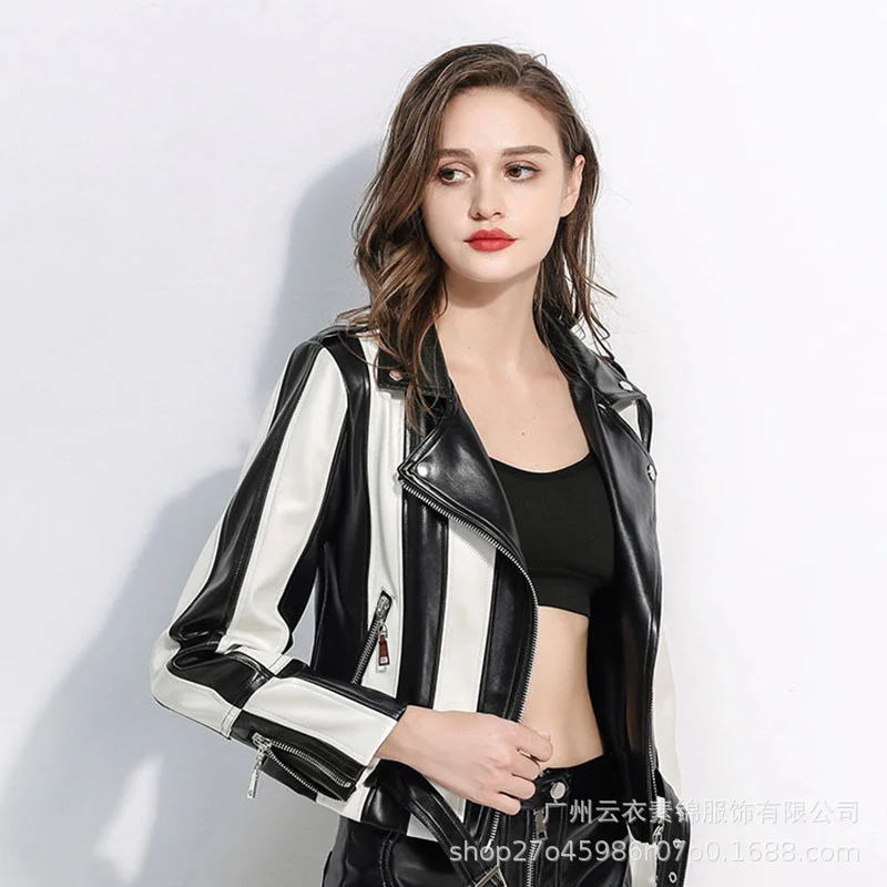 New Black And White Striped Women'S Leather Coat In Spring And Autumn, Short Style, Personality , Motorcycle Suit, Slim And enlarge