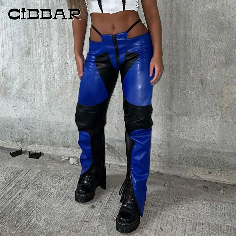 

CIBBAR PU Biker Straight Pants Hip Hop Low Waist Hollow Out Contrast Trouser Women Motorcycle Zip Patchwork Street Leather Pants