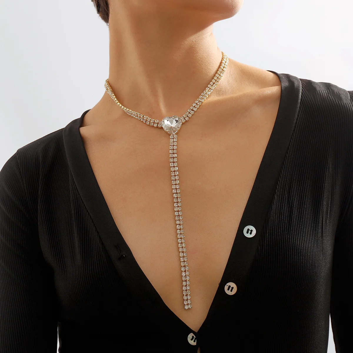 

Y Necklace Full Crystals Heart Simple Clavicle Chain Long Geometric Chain Woman Wedding Party V Neck Jewelry