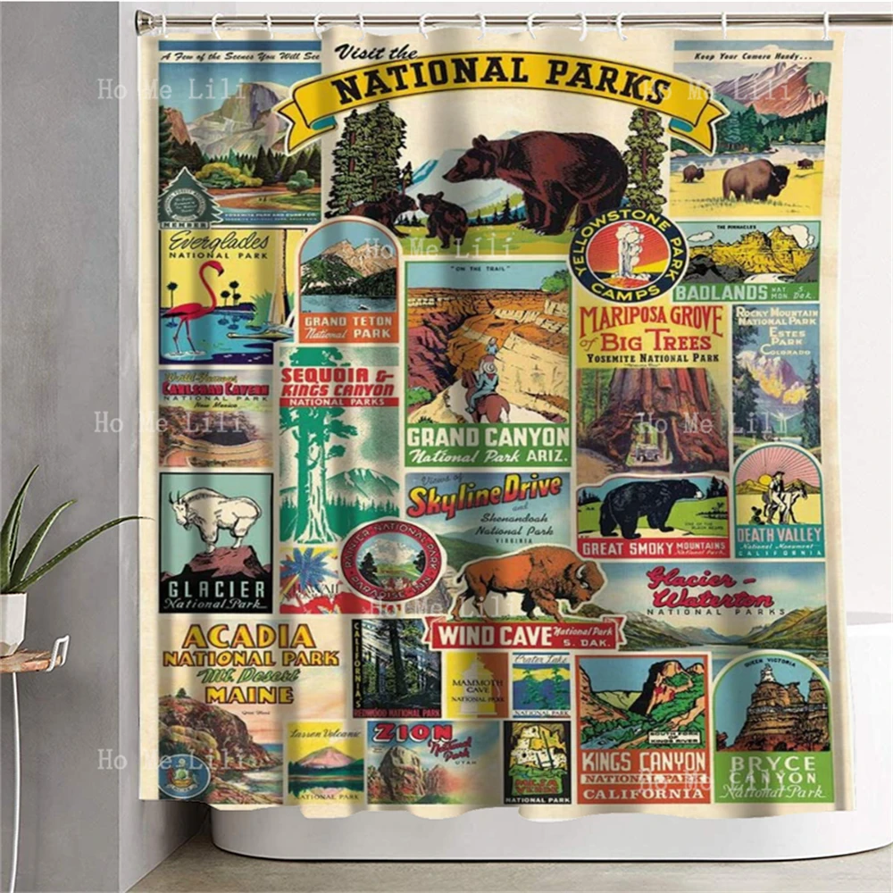 

Vintage Theme Patchwork Pattern National Park Shower Curtain For Bathroom Decor