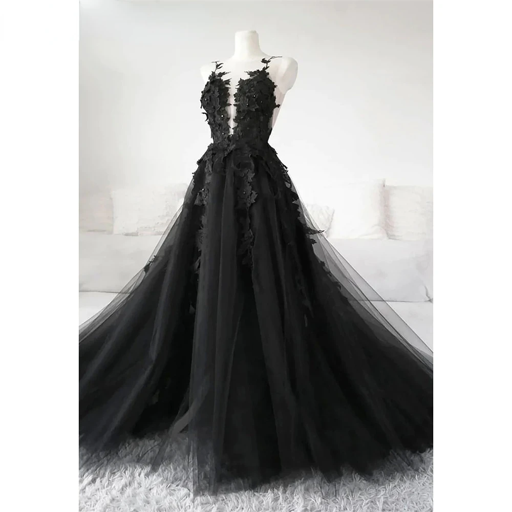 

Charming A-Line Prom Dress Illlusion O-Neck Floral Appliqued Beaded Pageant Dress Button Back Ruffles Tulle Photo Shoot Gowns