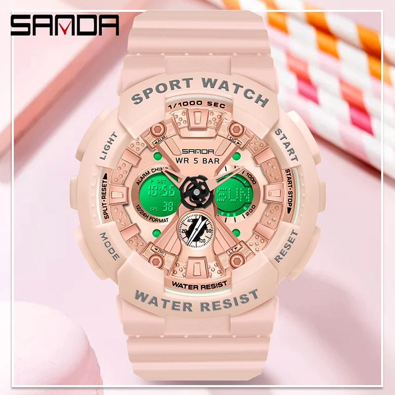 SANDA Luxury Brand Multifunctional Dual Display Women Watch Luminous LED Alarm Timer 50M Waterproof Outdoor Sports Watches 6068