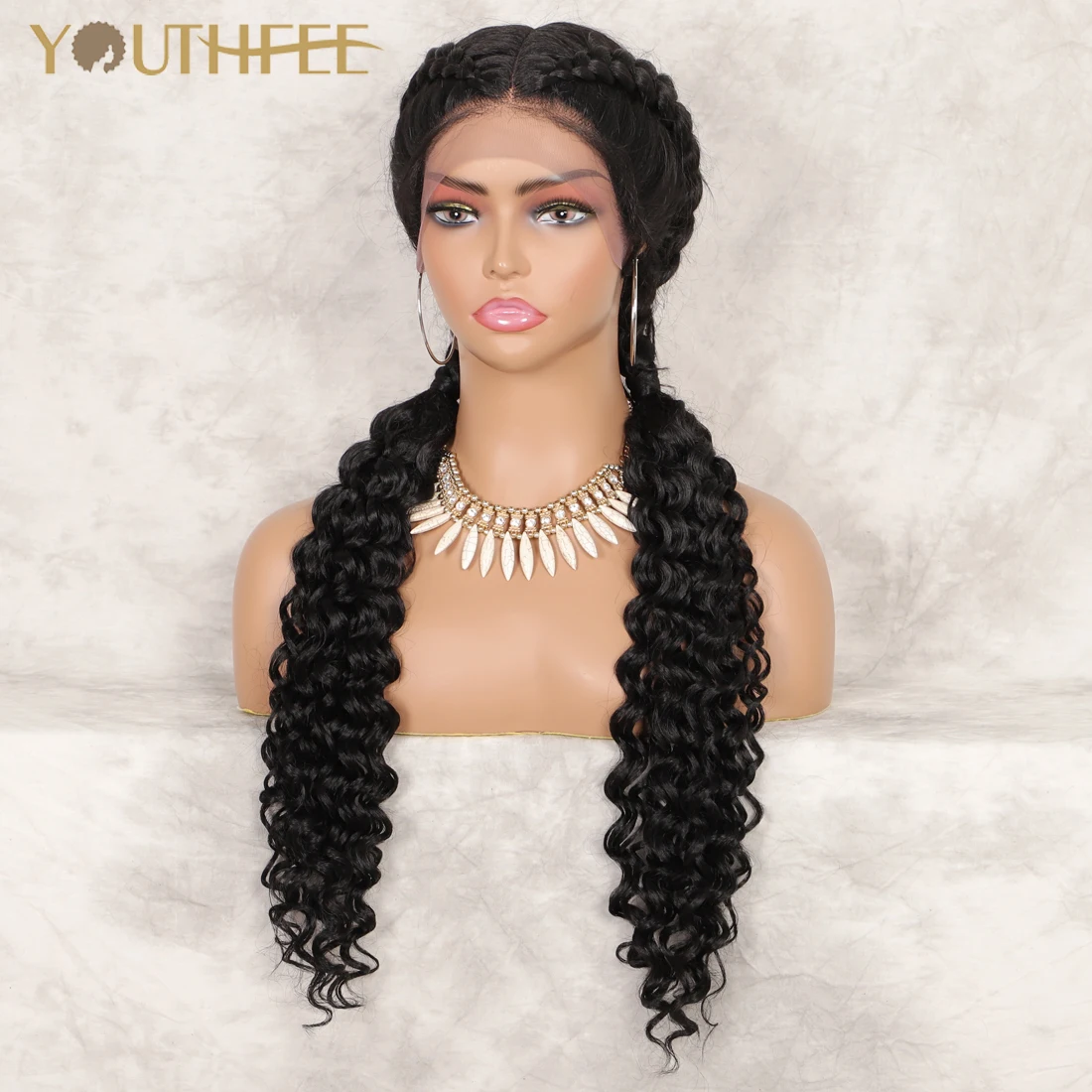 

Youthfee Super Long Braided Wigs Synthetic Lace Front Wig With Baby Hair Dutch Briad Wig With Curl For Black Women Box Braid Wig
