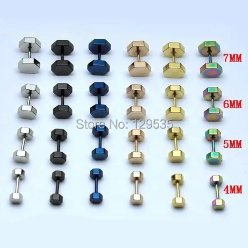 Alisouy 2Pieces Wholesale price New 4 5 6 7 8MM width Hexagon titanium steel punk Men Pierced Earrings colors for choose | Украшения и