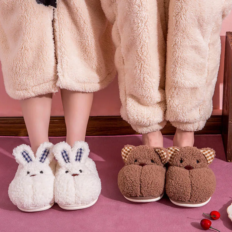 Home Slippers Warm Cute Woman Cartoon Rabbit Couples Man Slipper Winter Shoes 2021 New Fashion Casual Fur Plush Deer Slides Y