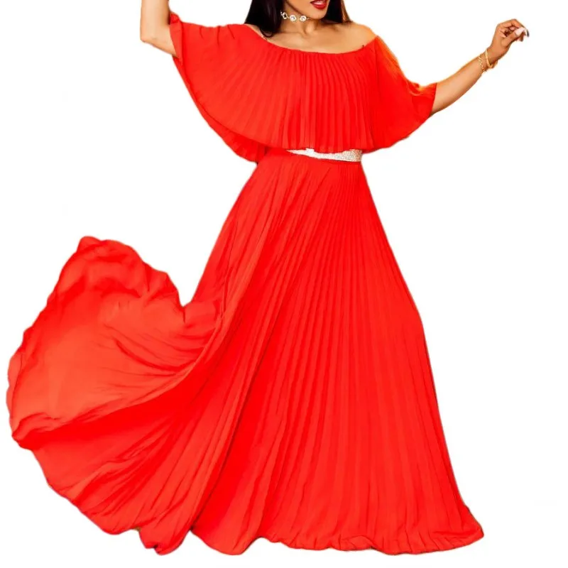 

Long African Dresses For Women Half Sleeve High Waist Gown 2022 New Fashion Solid Elegant African Party Pleated Maxi Dress Robes