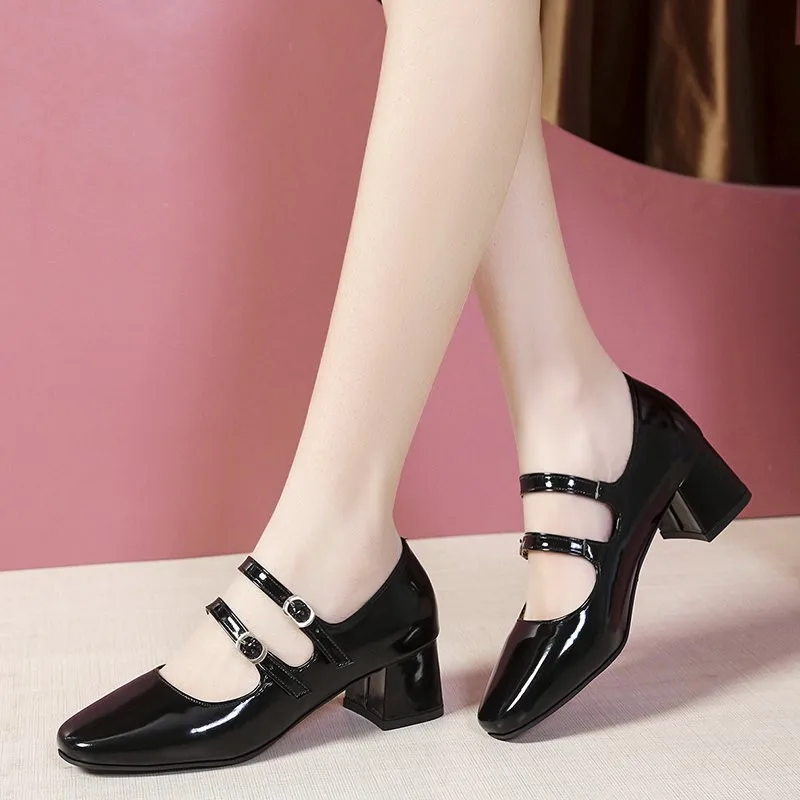 

2022 Spring Autumn Women Double Buckle Mary Janes Shoes Patent Leather Dress Shoes High Heels Pumps Retro Ladies Shoe Black Red