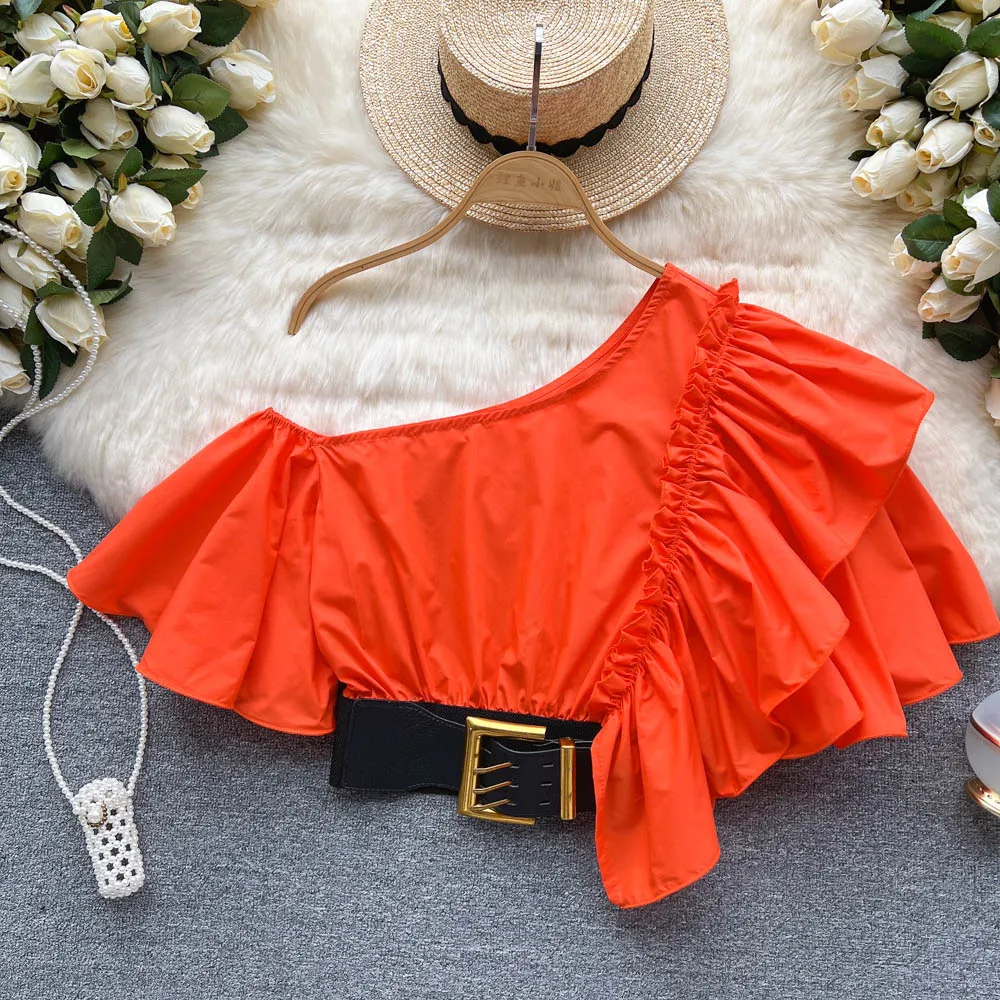 

Ins New Fashion Slim Irregular High Waist Short Tops Women Summer Short Sleeve Shirt Sweet Blouse Mujer Clothes F293