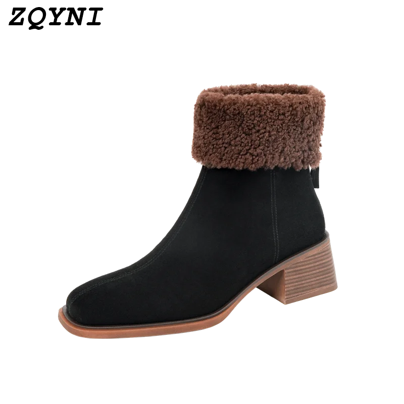 

Женские замшевые ботинки из овечьей кожи, теплые зимние ботинки на платформе, обувь на толстом высоком каблуке, черные, коричневые ботинки н...