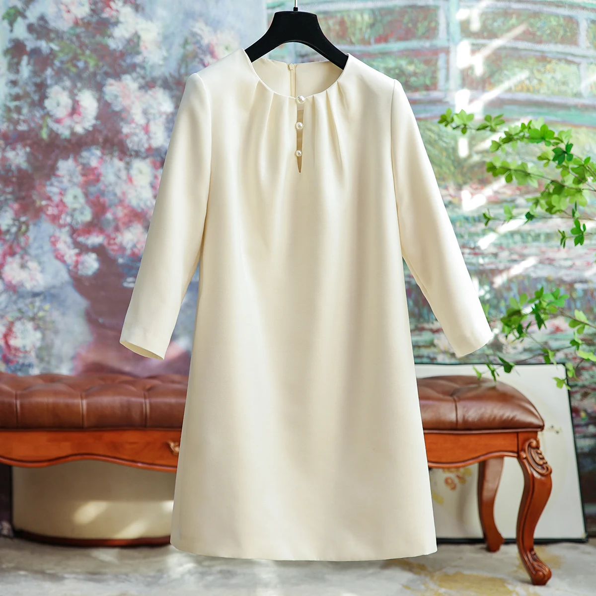

Light Luxury Silk Wool Beaded Broad Version A-line Short Dress Womens Solid Simple Long-sleeved Short Midi Dress 2023 Autumn New