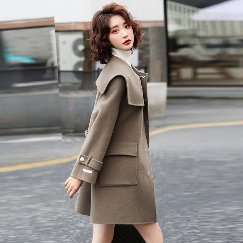 

Navy Collar Woolen Coat Women's Midi Fall 2022 New Loose Belt Jackets Korean Fashion Kawaii Trench Coats Female Clothing