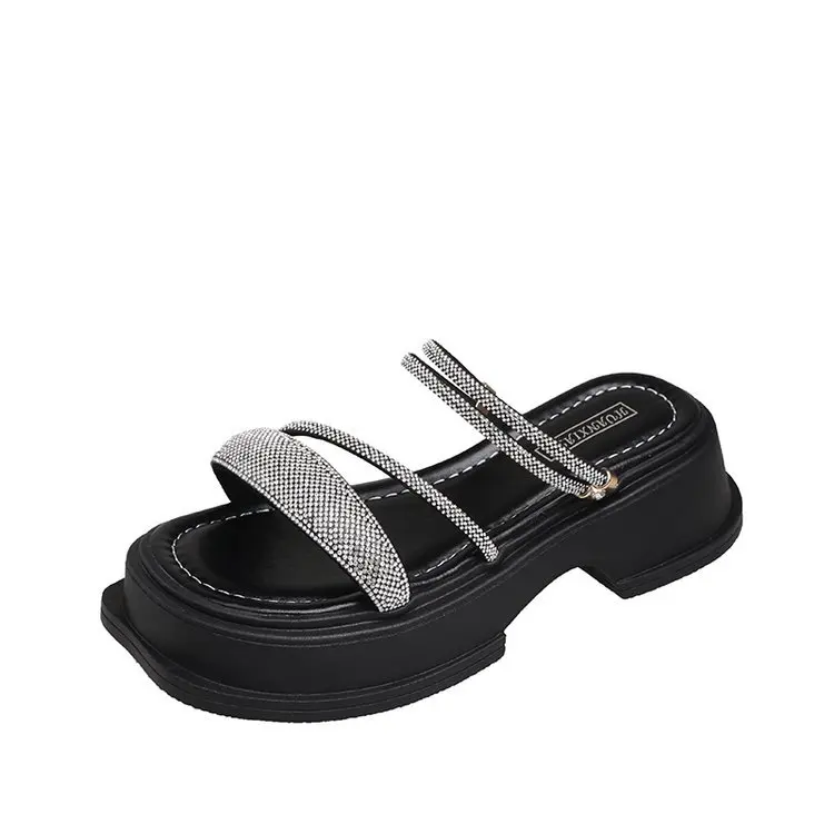 Rhinestone slippers women's summer outdoor wear 2023 new women's thick bottom casual beach sandals